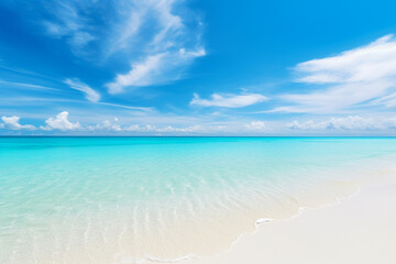 Obraz premium Beautiful sandy beach with white sand and rolling calm wave of turquoise ocean on Sunny day on background white clouds in blue sky