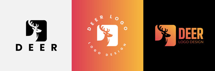 Deer logo design, Deer head inside squarelogo design template, Deer head logo icon,Deer hunter with square logo design, Wild animal vector, Head deer illustration