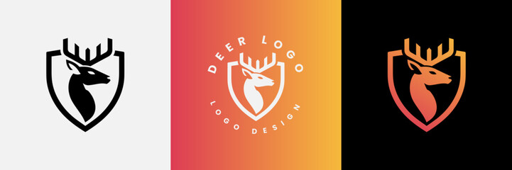 Deer shield logo design, Deer head and shield logo design template, Deer head logo icon,Deer hunter with shield logo design, Wild animal vector, Head deer illustration