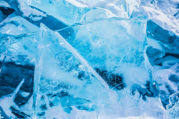 Natural freeze ice breaking over frozen water Baikal lake. 