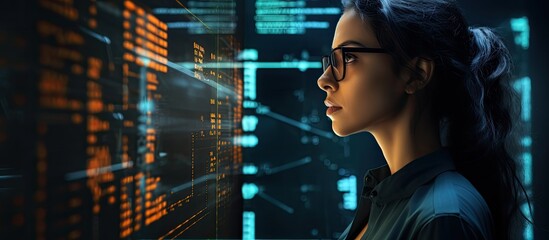 Female engineer using futuristic javascript SSL language, coding user interface on cgi 3D screen, reading security information.