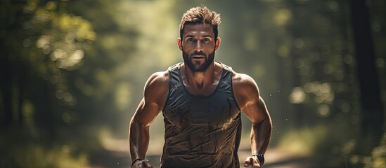 Man running in forest for marathon training and cardio workout, athlete in nature for wellness, endurance for race.