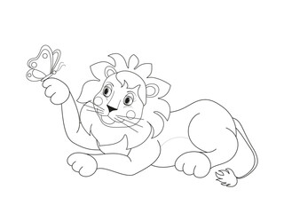 Lion playing with a butterfly. Coloring book for children. Hand drawn lion outline illustration.