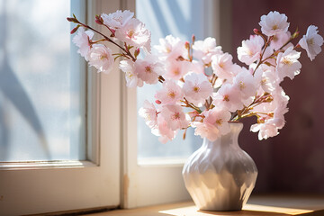 cherry blossom branches in  vase on the window