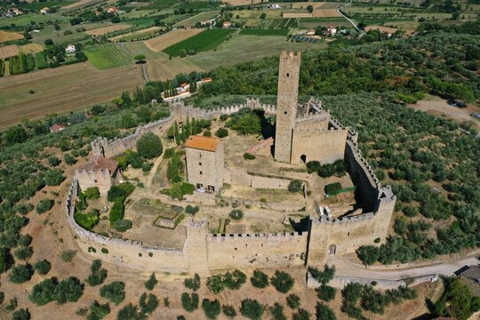 aerial view of the Castle of Montecchio Vesponi. Montecchio Vesponi, Arezzo, Tuscany, Ital