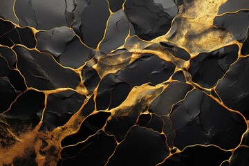 Abstract black marble background with golden veins, japanese kintsugi technique, fake painted artificial stone texture, marbled surface, digital marbling illustration