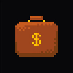 Suitcase with money, pixel art icon 8-bit sprite suitcase with money. Isolated vector illustration for pixel art games.