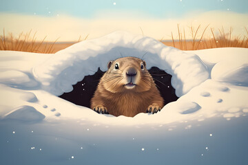 Happy Groundhog Day. Groundhog emerges from a snowy hole after hibernation. illustration - obrazy, fototapety, plakaty