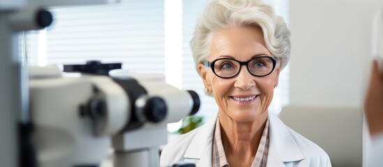 Senior woman getting eye exam at optometrist's office; checking iris, glaucoma, and retina health. - obrazy, fototapety, plakaty
