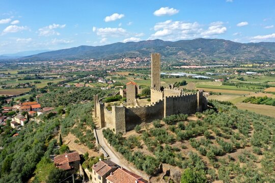 aerial view of the Castle of Montecchio Vesponi. Montecchio Vesponi, Arezzo, Tuscany, Ital
