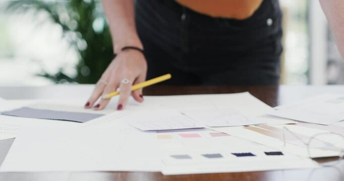 Woman, hands and paper on table for creative planning for design project, color swatches for small business. Female person, fingers and office notes for writing or palette, choice or manufacturing