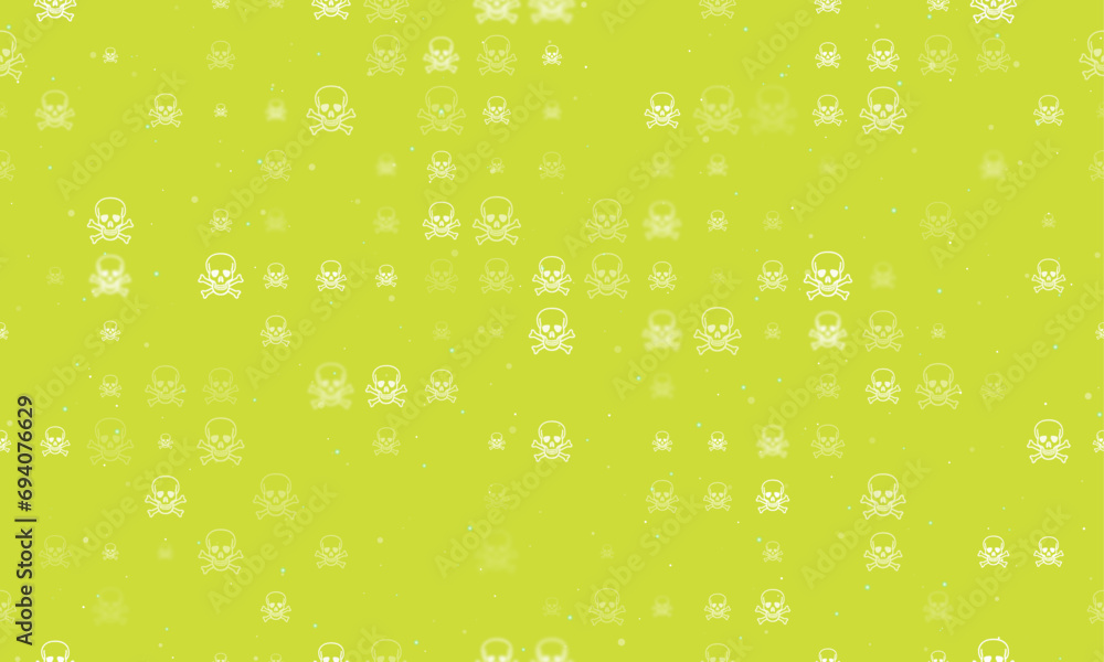 Poster seamless background pattern of evenly spaced white skulls of different sizes and opacity. vector ill