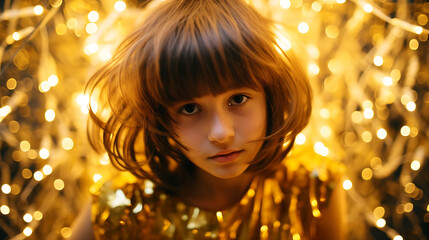 a girl with gold tinsel in her hair poses to take the photo, in the style of 21st century, pantonepunk, childlike, golden light, party kei