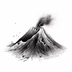 Minimalist Black and White Volcano Line Art with Intricate Shading Details on a White Background