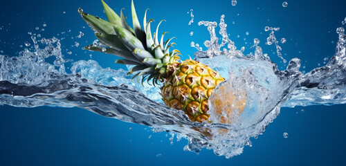 An exquisite HD photograph of a juicy pineapple making a beautiful splash in a pristine blue...