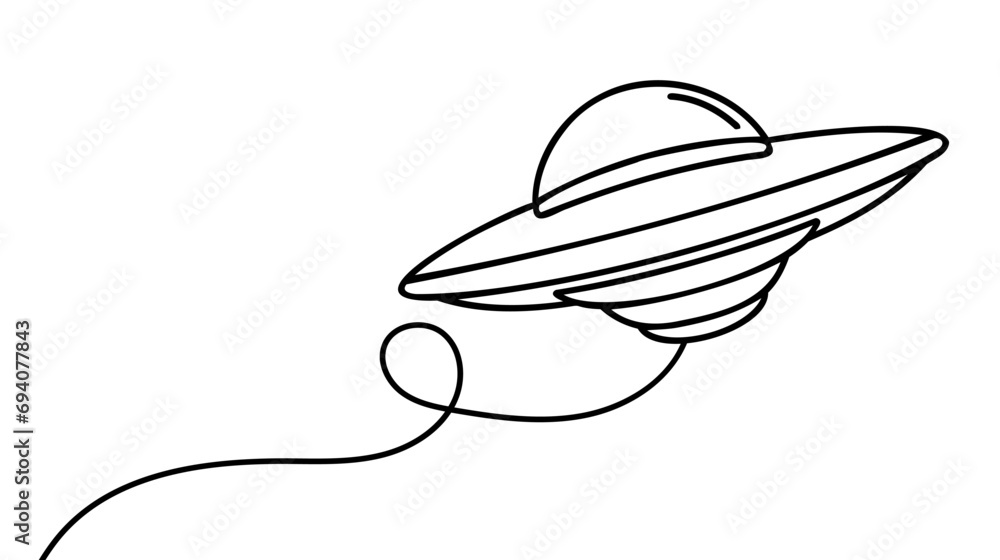 Poster continuous one line drawing ufo. unidentified flying object. outer space concept.