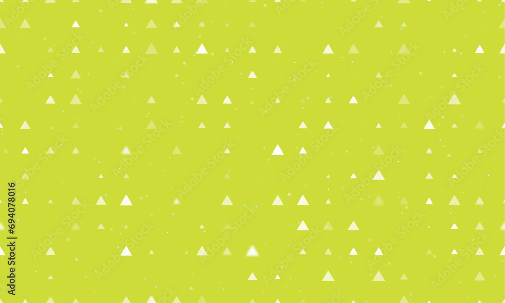 Poster seamless background pattern of evenly spaced white triangle symbols of different sizes and opacity. 