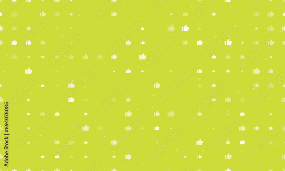 Poster seamless background pattern of evenly spaced white thumb up symbols of different sizes and opacity. 