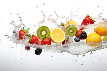 Fresh fruits in water splashes.