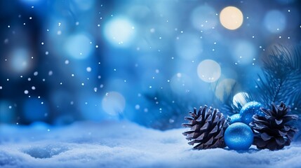 Fototapeta na wymiar Bokeh, pine cones, and blue baubles make up this Christmas background. lovely Christmas card.