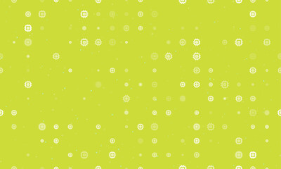 Seamless background pattern of evenly spaced white chip symbols of different sizes and opacity. Vector illustration on lime background with stars