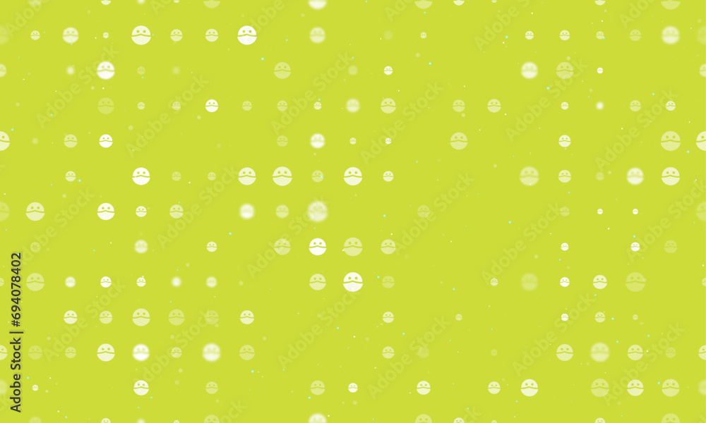 Poster seamless background pattern of evenly spaced white masked face symbols of different sizes and opacit