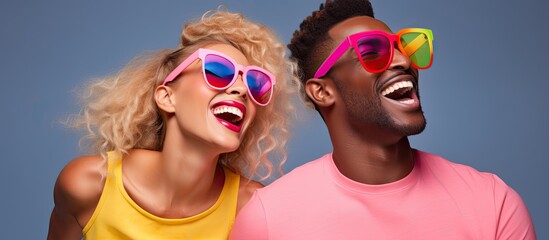 Fashionable diverse pair with funky glasses, groove and celebrate in loft. Films humorous, popular videos for online platforms.