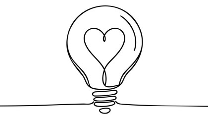 One continuous line drawing of shining lightbulb with power love icon logo emblem.