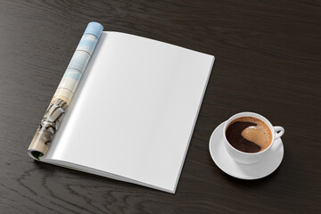 Magazine right-hand page mockup and cup of coffee on black wooden desk