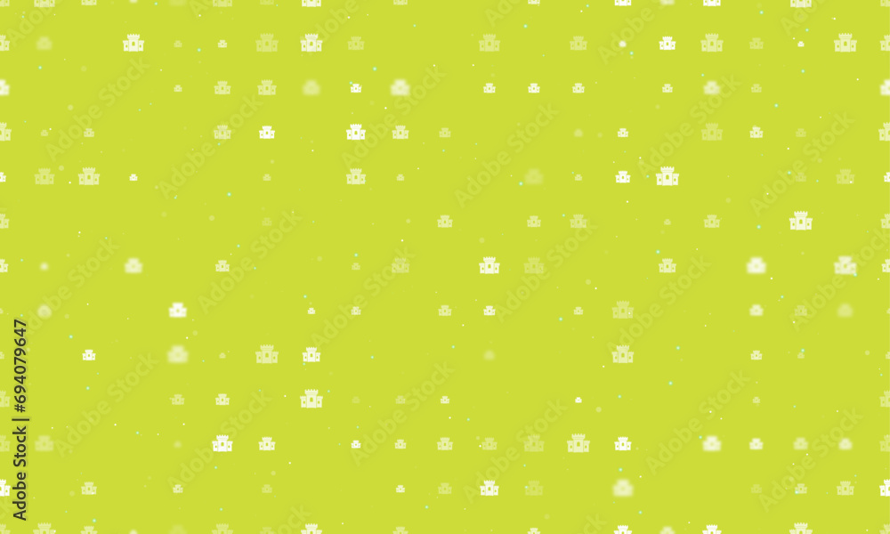 Poster seamless background pattern of evenly spaced white castle symbols of different sizes and opacity. ve