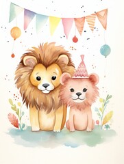 Cute cartoon lion and lioness with party hat. Watercolor illustration Generative AI