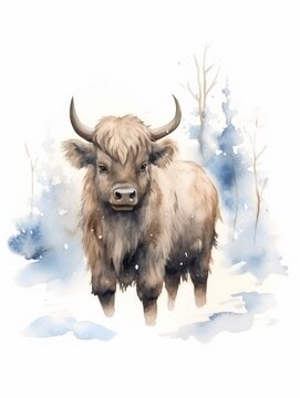 Watercolor buffalo in the winter forest. Hand painted illustration isolated on white background Generative AI