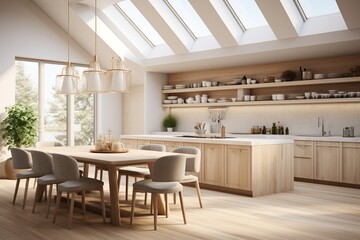 Scandinavian kitchen flooded with natural light through large windows