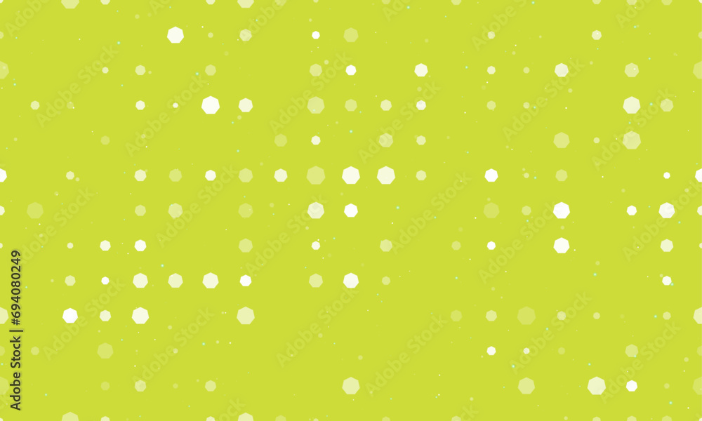 Poster seamless background pattern of evenly spaced white heptagon symbols of different sizes and opacity. 