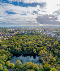 Aerial photo of the Segmeertje pond in the Meer en Bos park, seen in the south-east direction and overseeing the The Hague neighbourhoods.