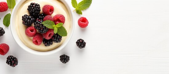 Bird's-eye view of homemade white vanilla pudding with mixed berries