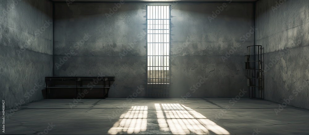 Poster empty jail cell with grey concrete walls - light filters through barred window.