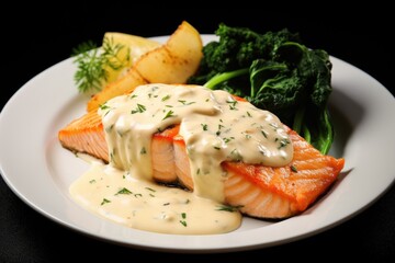 Salmon under sauce with broccoli and mashed potatoes on a plate