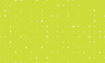 Seamless background pattern of evenly spaced white pets road signs of different sizes and opacity. Vector illustration on lime background with stars
