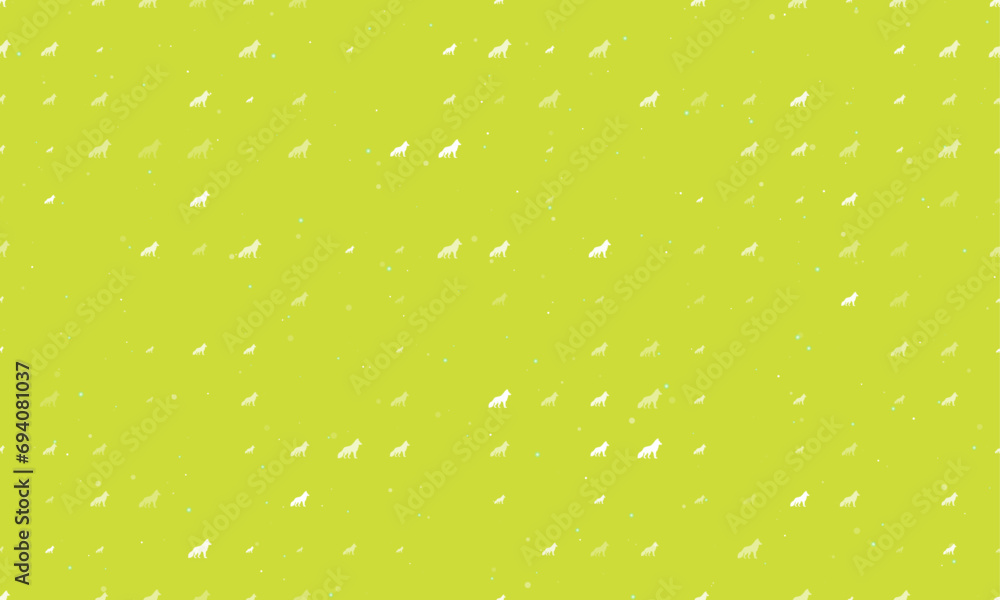 Poster seamless background pattern of evenly spaced white wolf symbols of different sizes and opacity. vect