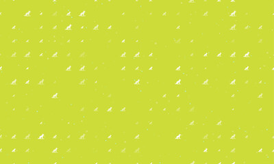 Seamless background pattern of evenly spaced white wild wolf symbols of different sizes and opacity. Vector illustration on lime background with stars