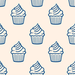 Cute cupcakes with cream seamless pattern background.