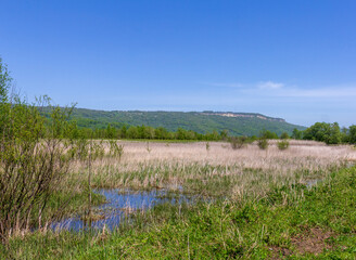 mountainous terrain, natural lakes in the morning light, spring nature walks, panorama of the area.