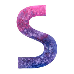 Hand drawn watercolor cosmic colored alphabet letter S. Colorful font isolated background. For print, postcard, sketchbook cover, poster, stickers, your design. Space letters with stars.