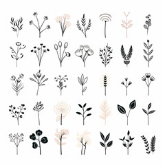 A collection of minimalist vector logos, timeless whimsical logos for florist shop, simple shapes and lines, white background - obrazy, fototapety, plakaty