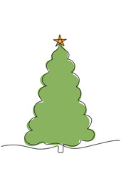 Simple vector isolated green color Christmas tree in one line technique