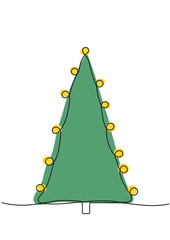 Green vector Christmas tree with garland in one line minimalist style