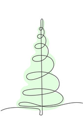 Stylized linear Christmas tree with one line graphics in green tone