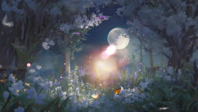 Garden at night with a beautiful moon and beautiful butterflies 4K video