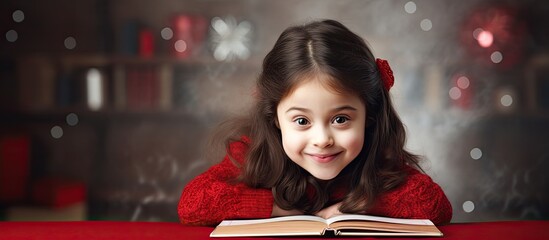 Attentive dark-haired girl with Down syndrome focused on red-lettered card.